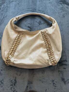 Michael Kors Skorpios Cream Leather Hobo Bag with Gold Chain Detail
